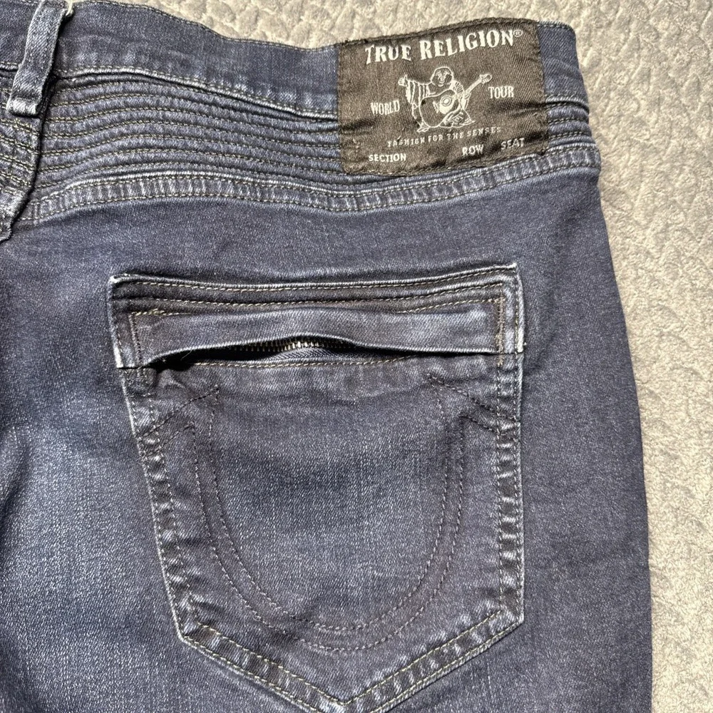 True Religion Rocco Men 38x33 Biker Moto Relaxed Skinny Denim Blue Jeans Stretch